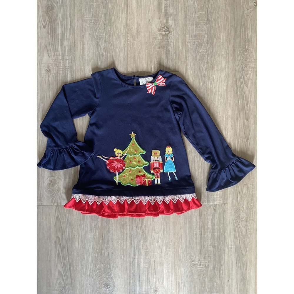 RARE EDITIONS Embroidered Nutcracker Christmas Navy Blue Top - size 6X